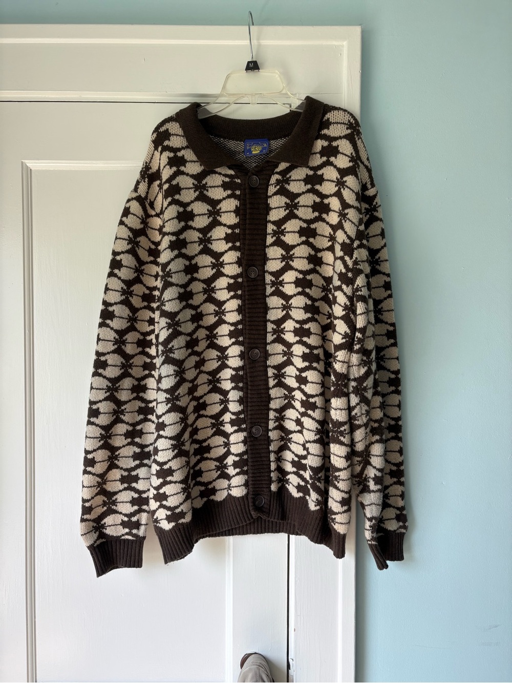 Coney Island Picnic Geometric Knit Collared Cardigan Polo Sweater Chocolate